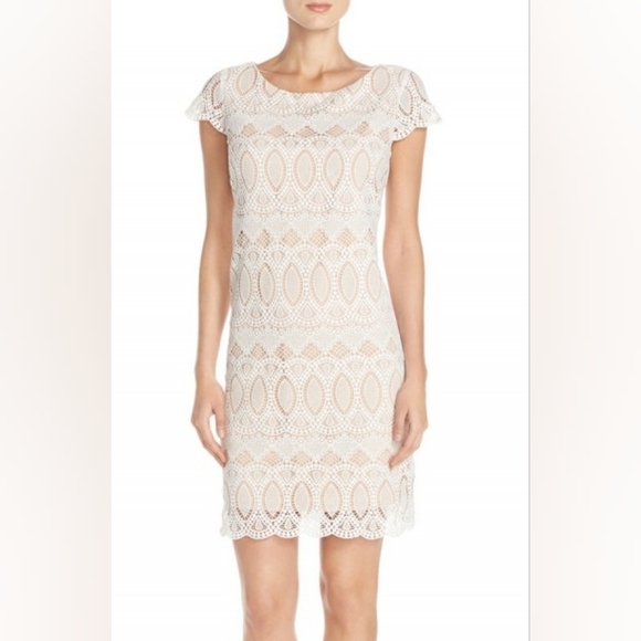 Eliza J Dresses & Skirts - Eliza J Scalloped Lace Mini Dress Womens Size 8 White Tan Crochet Cocktail Party